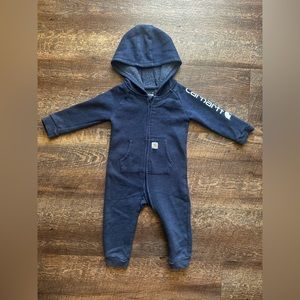 Carhartt 12 Months Baby Hooded Blue Long Sleeve Zip Front One Piece Fleece